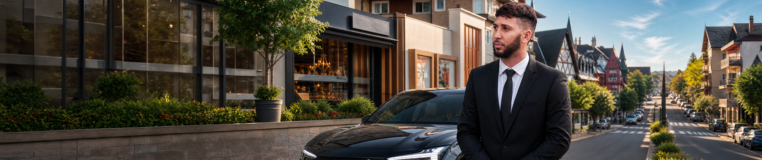 Motorista executivo ao lado de van premium em Gramado